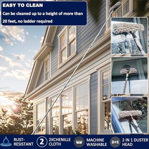 4 Pack 20+ Feet High Reach Dusting Kit with 3-14 ft Spliceable Pole //2 in 1 Window Cleaning Kit // High Ceiling Duster // Cobweb Microfiber Duster // Ceiling Fan Duster Cleaning Kit for Home Clean