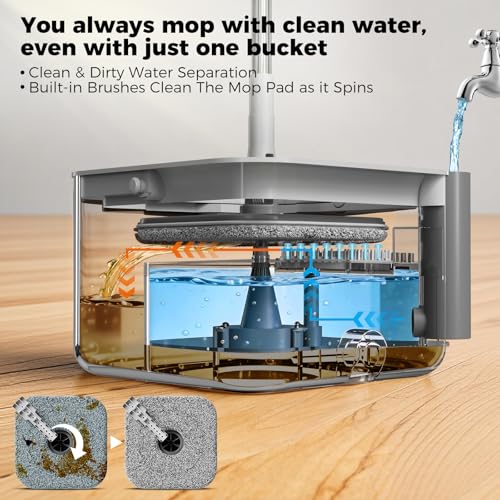Masthome Spin Mop and Bucket with Wringer Set, Clean Dirty Water Separation, 360° Rotating Floor Mop with Adjustable Stainless Steel Handle, Reusable Pads for Hardwood Tile Laminate Home Cleaning - color: Grey-large