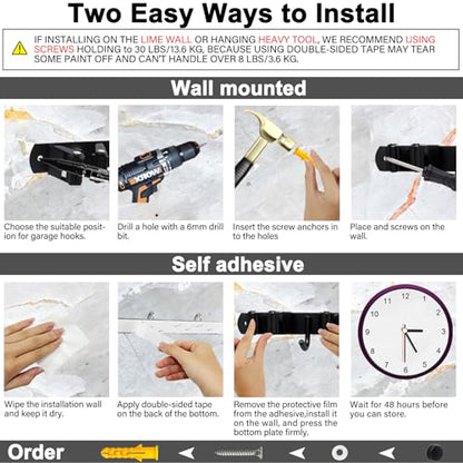 2 Packs 5 Racks and 4 Hooks Mop and Broom Holder Wall Mount, SUS304 Heavy Duty Broom Organizer Storage Tool Racks, Self Adhesive Solid Non-slip Tool Hangers for Home Kitchen Garden Laundry Garage - color: 5 Racks & 4 Hooks (Black) - 2 Pack