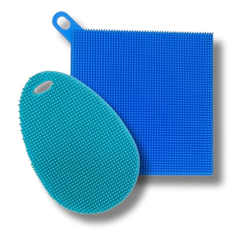 Silicone Dish Sponge Dish Scrubber (Oval and Square) - Dual-Sided, Food Grade Silicone Sponges for Dishes and Housecleaning 2-Pack - color: 2 Pack Teal + Blue