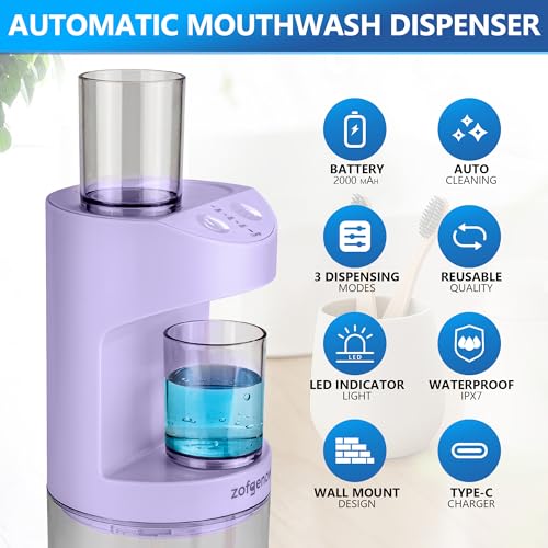 ZOFGENOW Automatic Mouthwash Dispenser for Bathroom,Bathroom Accessories 19.4 Fl Oz Dispensers with Magnetic Cups,Wall Mounted Dispenser,Suitable for All Age Groups,Purple - color: Purple