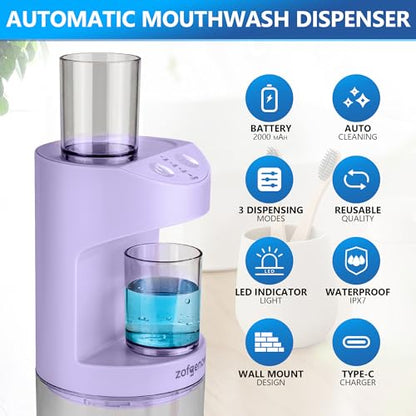 ZOFGENOW Automatic Mouthwash Dispenser for Bathroom,Bathroom Accessories 19.4 Fl Oz Dispensers with Magnetic Cups,Wall Mounted Dispenser,Suitable for All Age Groups,Purple - color: Purple