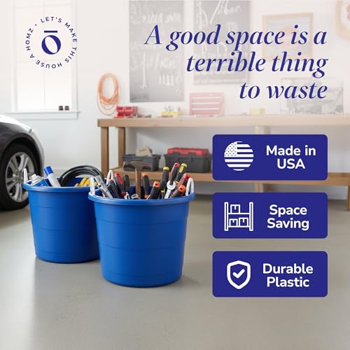 Homz 2 Pack of 17 Gallon Storage Buckets, Durable Plastic Containers, Sturdy Rope Handles, Large Tubs for Sports Equipment, Party Cooler, Gardening, Toys and Laundry, Blue - color: Cobalt Blue