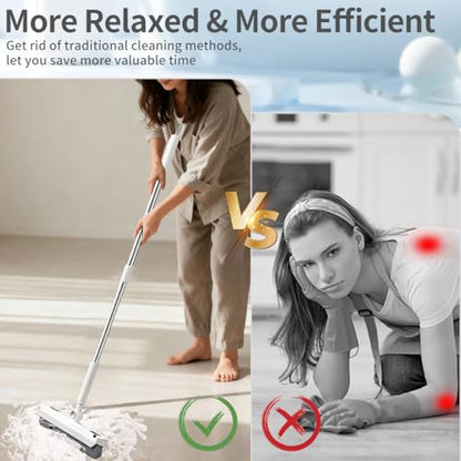 Floor Scrub Brush, 2 in 1 Cleaning Brush with Long Handle,Floor Scrubber Suit for Kitchen, Bedroom, Patio, Shower, Garage & Deck - Heavy Duty Tile, Concrete & Wood Surface Scrubber（White Grey）