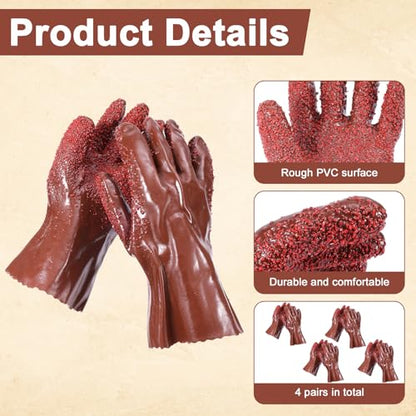 XIHIRCD 4 Pairs Sewer Gloves, Anti-Slip PVC Plumbing Gloves Abrasion Resistant Snake Gloves Waterproof Drain Cleaning Gloves for Women Men Plumber Accessories (Brown)