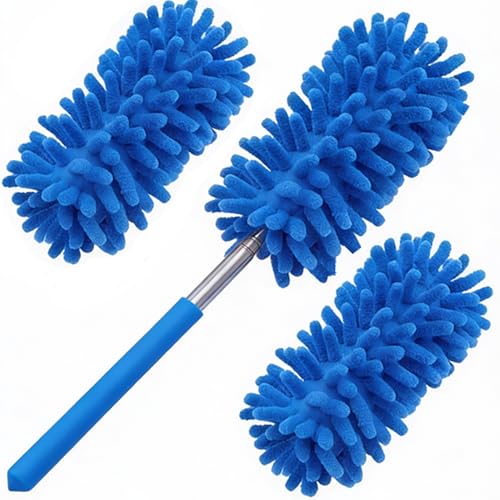 Microfiber Duster for Cleaning, GMLKRY Hand Washable Dusters with 3pcs Replaceable Microfiber Head, Extendable Pole, Detachable Cleaning Supplies for Office, Car, Window, Furniture (Blue) - color: Blue