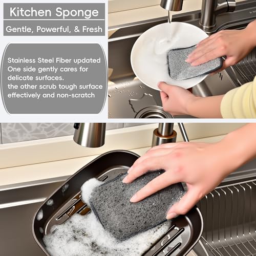 METUUTER 12 Packs Kitchen Sponges Stitching with Stainless Steel Fibers - 5.5x4 in Soft Cleaning Sponge for Non-Stick Pans, Dishes & Tough Grease Odor-Resistant, Durable Dish Sponges - color: Darkgray