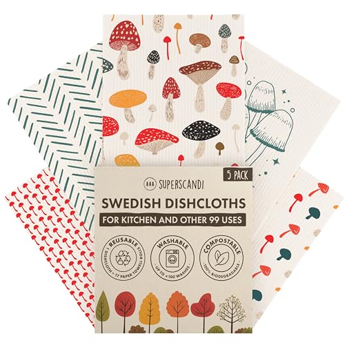 SUPERSCANDI 5 Pack Swedish Dishcloths for Kitchen - 100% Biodegradable & Compostable | Reusable Paper Towels Washable, Food-Safe & Without Plastic - Dish Rags Suitable for Any Surface | Mushroom - color: Mushroom