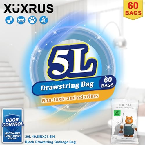 XUXRUS 1.5 Gallon Small Trash Bags, 60 Count Black Drawstring Garbage Bags | Tear-Resistant Mini Trash Bags with Easy Tear-Off Design, Suitable for Bathroom Waste Bins and Office Trash Cans - style: 1.5 GAL-Black-60