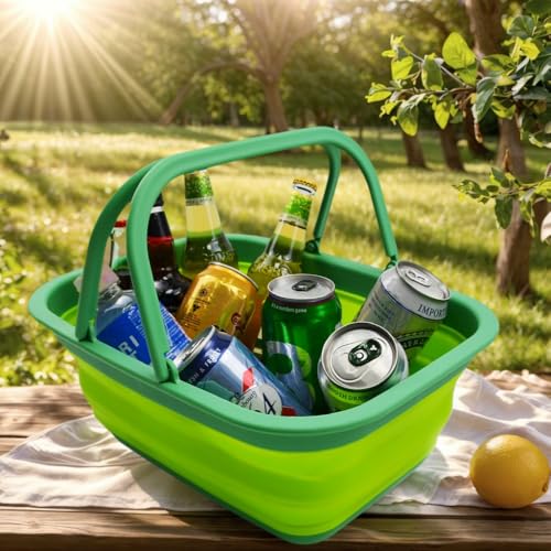 SAMMART 9.2L (2.37Gallon) Collapsible Tub with Handle - Portable Outdoor Picnic Basket/Crater - Foldable Shopping Bag - Space Saving Storage Container (1, Dark Green/Fluorescent Green) - color: Dark Green/Fluorescent Green