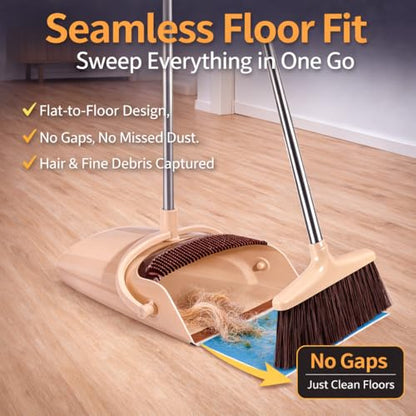 Broom and Dustpan Set with Long Handle and 6 Bonus Cleaning Tools, Upright Standing Combo with Self-Cleaning Teeth & Windproof Dustpan for Pet Hair, Home, Kitchen, Garage, Apartment - color: Beige&coffee