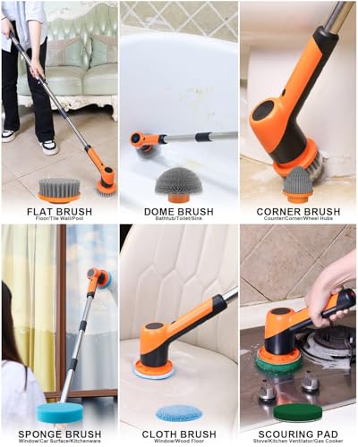 Electric Spin Scrubber for Bathroom - Cordless Brush Scrubber for Cleaning- IPX7 Shower Scrubber - 7 in 1 Electric Cleaning Brush & Retractable Handle - 2-Speed Adjustable Shower Cleaner for Bathroom