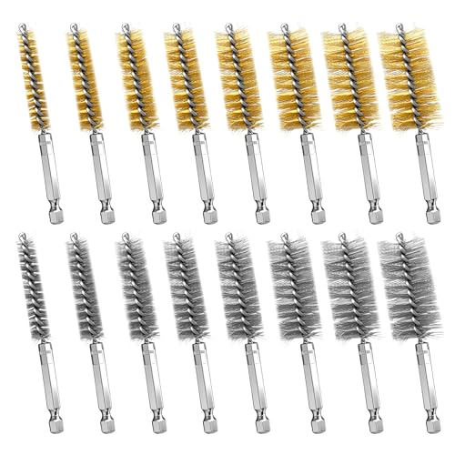 16 Pcs Wire Brush Set for Drills, Stainless Steel and Brass Bore Cleaning Brushes with 1/4" Hex Shank, Compatible with Power Drills, Grinders, and Impact Drivers (8-25mm)