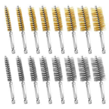 16 Pcs Wire Brush Set for Drills, Stainless Steel and Brass Bore Cleaning Brushes with 1/4" Hex Shank, Compatible with Power Drills, Grinders, and Impact Drivers (8-25mm)