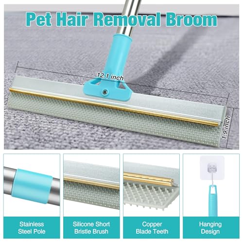 Double-Sided Pet Hair Removal Tool,Adjustable Height Carpet Pet Hair Removal Silicone Broom,Dog Cat Hair Remover Broom for Carpets, Floor Mats,Couch,Floor Squeegee (Blue Carpet Rake) - color: Blue Carpet Rake