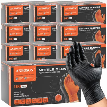ANBOSON 10mil Nitrile-Gloves Disposable-Black Chemical-Resistant Rubber - Mechanic Gloves Heavy Duty, Latex Free, Diamond Grip (1000, xlarge) - color: Black-1000, size: X-Large