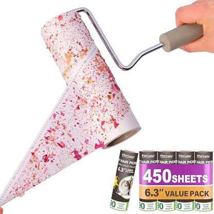 Extra Sticky Large Surface Lint Roller,6.3'' Lint Roller Refills,5 Rolls 450 Sheets,Long Handle Lint Remover,Easily Remove Carpets, Clothes, Couch and Curtains Dust Cat and Dog Hair Removal - size: 5 Large Refills + 450 Sheets