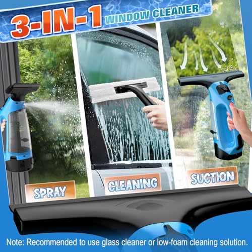 3 in 1 Rechargeable Window Vacuum Squeegee Cordless with 10 inch Blade, Window Cleaner for Efficiently Spraying, Wiping and Vacuuming Windows, Mirrors, Shower Glass, Tiles and Countertops, Blue