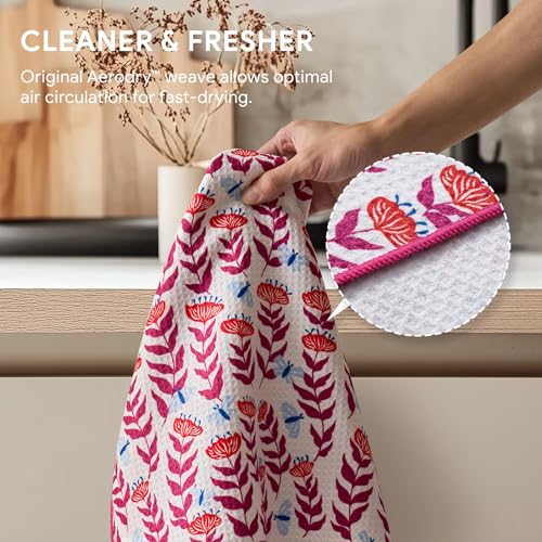 RECYCO Waffle Kitchen Towel Set of 2 - Quick Dry Microfiber Sustainable Dish Towels - Absorbent Reusable Cleaning Tea Towels - Lightweight Hand Towels,16”x 28”, Blossom Brilliance Pink - color: Blossom Brilliance Pink