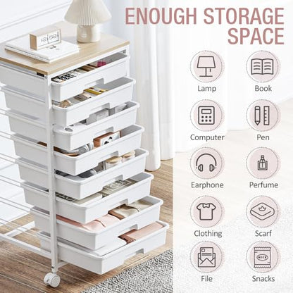Storage Cart with 8 Drawers, Utility Cart with White Drawers and Wooden Tabletop, Craft Cart, Teacher Organization for Classroom,White - color: White