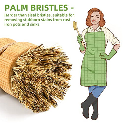 SUBEKYU Bamboo Dish Scrub Brushes, Kitchen Wooden Cleaning Scrubbers Set for Washing Cast Iron Pans/Pots, Set of 3 - color: Ceramic Dish+ 1p Palm+ 2p Sisal, size: Regular size
