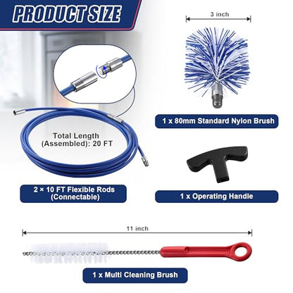 Dreyoo Pellet Stove Cleaning Brush Kit, 20 FT Flexible Steel Rod with 3" Brush Head, T Handle, Multi Purpose Flue Detail Cleaner, Nylon Stove Flue Pipe Kit for Pellet Furnace Exhaust Pipes - size: 20FT with 3" Brush Head