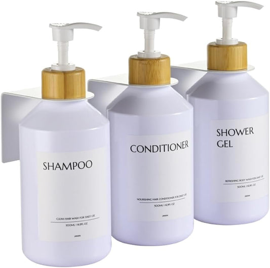 Shampoo and Conditioner Dispenser Set of 3 for Wall Mount,16.9 fl oz Drill Free Shower Soap Bottles with Labels,Refillable Body Wash Dispensers for Bathroom Decor (White Bottles + Bamboo Pumps) - color: White Bottles + Bamboo Pumps
