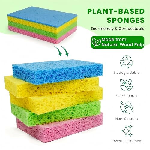 Metflavor Compressed Kitchen Sponges, 24 Count, Thick Non-Scratch Cellulose Dish Sponges, Biodegradable & Compostable, Pop-up Cleaning Sponge, 5" x 3" x 1" - size: 24 Pack