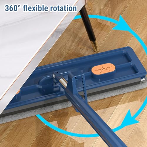 TARSHYRY Flat Mop with Scraper, 360 Degree Rotation Mop with Built in Scraper and Toothed Comb, Lightweight Floor with 6 Reusable Microfiber Pads, 54 Inch Adjustable (Dark Blue+6 Microfiber Reusable
