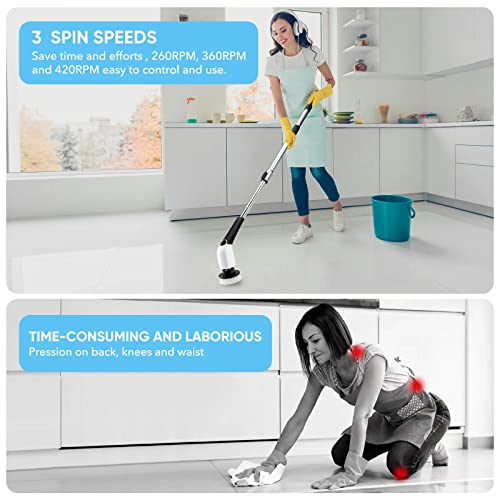 Electric Spin Scrubber, Cordless Cleaning Brush Power Shower Scrubber Long Handle Extendable Handheld Electric Scrubber for Bathroom Floor Tub Tile with 8 Replaceable Brush Heads & Hook