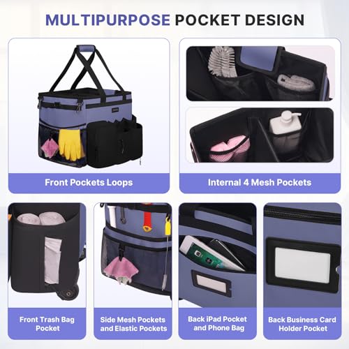 JKAOO Large Rolling Cleaning Caddy Bag with Detachable Trolley, Denim Blue | Waterproof Cleaning Caddy with Wheels, 40L Wheeled Organizer Cart for Supplies, Housekeepers, Home, Office, Car, Picnic - color: Denim Blue