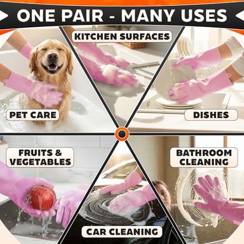 ALPENKOK Silicone Dishwashing Gloves with Scrubber – Non-Slip Silicone Gloves for Washing Dishes | Household Use - color: Pink