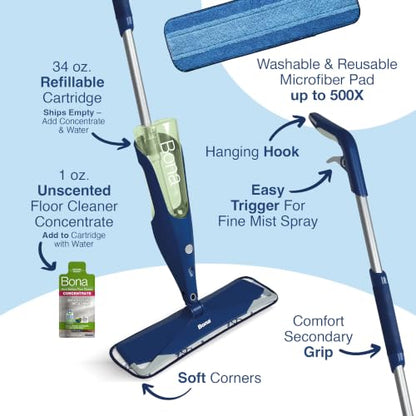 Bona Multi-Surface Floor Premium Spray Mop - Includes Multi-Surface Floor Cleaner Concentrate and Machine Washable Microfiber Cleaning Pad - For Stone, Tile, Laminate and Vinyl LVT/LVP Floors