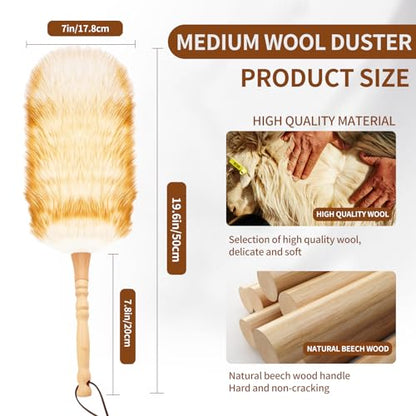 Lambswool Duster for Cleaning with Solid Wooden Handle Leather Hang Strap 19.6 inch Natural Feather Duster for Cleaning Ceiling Fans Window Blinds Computer Furniture(2 Pack) - size: 19.6Inch