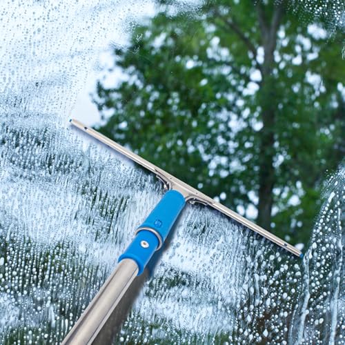 Window Squeegee with Scrubber for Home and Outdoor Glasses Cleaning, 6 Ft Long Handle 2 in 1 Professional Window Washing Kit with Replacement Rubber Blade, Car Windshield Cleaner Tool