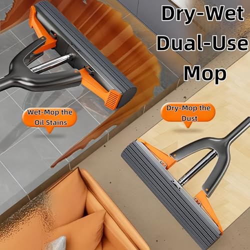 Small Tabletop Sponge Mop, Portable Self-Squeeze Lazy Mop, Compact Wet Dry Tool for Desktop, Kitchen Sink, Bathroom, Glass, Car.(2 Cotton Heads + 1 Squeeze Handle)