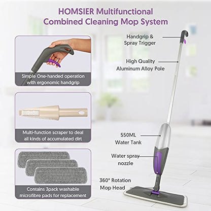 Spray Mops for Floor Cleaning - HOMSIER Microfiber Mop Wet Dry with 3 Washable Pads 550ML Refillable Bottle for Hardwood Wood Laminate Tile Marble Kitchen Home Hard Floors