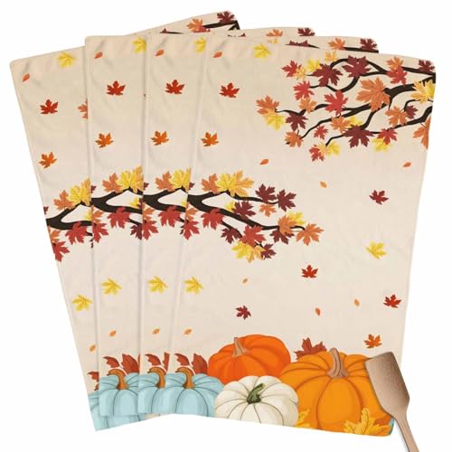 Fall Kitchen Towels Orange Pumpkin Thanksgiving Hand Towels Maple Leaf Tree Dish Towel Cleaning Cloth Soft Absorbent Quick Drying 4 Pack Dish Cloths for Kitchen, Bathroom Autumn Decoration - color: Orange Yellow, size: 4PCS