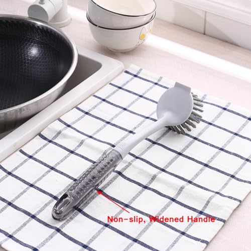 Scrub Brush for Cleaning Dish 2pcs, Round/Triangular Head, Stiff Bristles Long Handle Kitchen Scrubber with Scraper for Sink, Pan, Pot, Dishwashing, Vegetable (2)