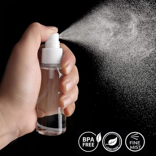 2 oz Small Spray Bottles for Travel, TSA Approved Clear Plastic Fine Mist Travel Size Toiletries Containers, Leak-Proof Refillable Empty Mini Liquid Cosmetics Dispenser Kit with Funnels & Labels