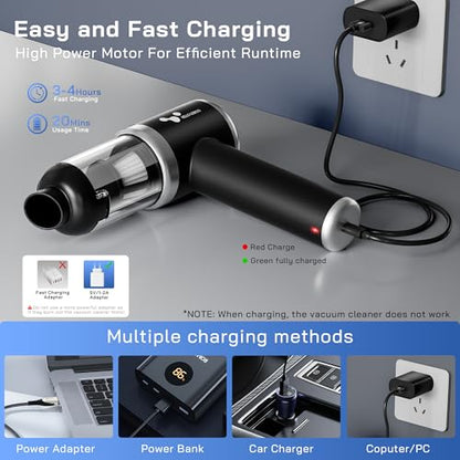 helloleiboo Handheld Car Vacuum Cleaner 16000PA Car Vacuum Portable Cordless 120W High Power 4-in-1 Mini Vacuum Cleaner Rechargeable & Air Duster Multi-Nozzles for Home Office Pet（Black）