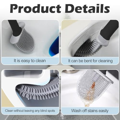 Silicone Toilet Brush Set, Wall Mounted Holder, Anti-Drip Design, Non-Slip Handle, Flexible Bristles for Easy Cleaning, Suitable for Various Usage scenarios（Black - color: Black