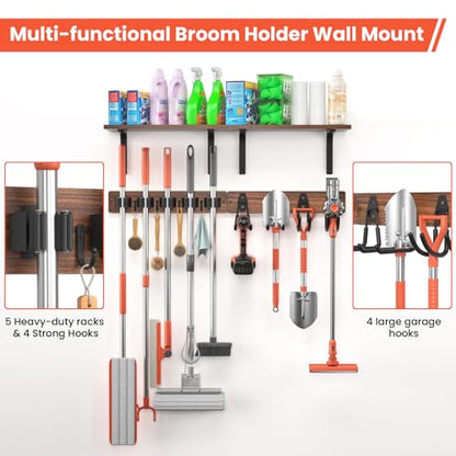 Broom Holder Wall Mount 33.8inch with Wooden Shelf ,Rustic Wood Broom Hanger 5 Racks&4 Hooks,Laundry Room Organization with Steel Garage Storage Hooks, Mop Hanger Broom Rack for Laundry Room, Garage. - size: 33.8"Large