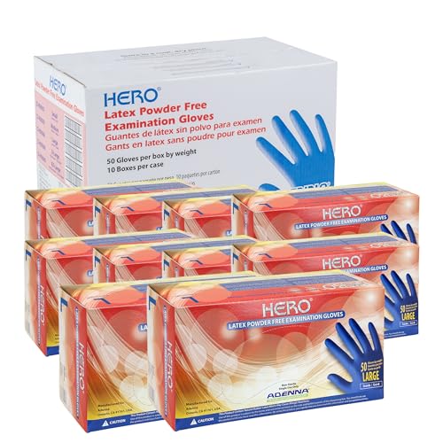 Adenna HERO Disposable Latex Gloves - 14 Mil, NFPA-Approved Heavy Duty Glove with 12" Extended Cuff & Micro-Textured Grip, Exam Grade, Powder Free, Case of 500, Large, Blue - size: Large (Case of 500)