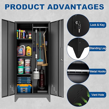 Metal Garage Storage Cabinets with Lock, Cabinet with Pegboard & Hanging Rod, Broom Closet Storage Cabinets, Black Lockable Steel Tool Cabinet for Home,Garage,Utility Room - color: 61" Black