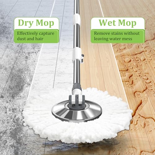 Spin Mop and Bucket Set with Wringer and 3 Extra Microfiber Heads and 1 Scrub Brush 5-GAL Heavy-Duty Design for Hardwood Tile Laminate Home Cleaning Tools