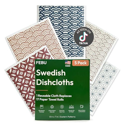 FEBU Swedish Dishcloths for Kitchen | 5 Pack Eastern Reusable Paper Towels Washable | Swedish Dish Towels | Non-Scratch Cellulose Sponge Cloths | No Odor, Biodegradable Cleaning Cloths - color: Eastern