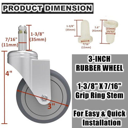 RILIDRI 3-Inch Swivel Stem Caster, 7/16-Inch Stem Diameter Rubber Wheel, Heavy Duty TPR Replacement Wheels for Rubbermaid Mop Bucket Cart Grill Casters - 4 Pack - style: 3 Inch-175LB (No Brakes)