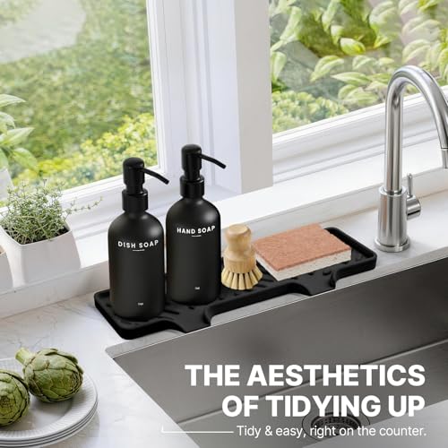 Kitchen Soap Dispenser Set, Kitchen Sink Organizer with Self Draining Silicone Tray, 2 x 17oz Glass Soap Dispensers, Stainless Steel Pumps, Bamboo Brush & Sisal Sponge - Black - color: Black Bottle + Black Pump