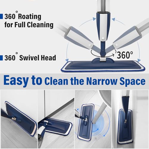 Microfiber Hardwood Floor Spray Mop with 3 Pads & Refillable Bottle | 400+ML refillable bottle, 360° swivel head, wet mopping & dry sweeping for hardwood, tile, laminate and sealed wood floors. - color: Dark Blue